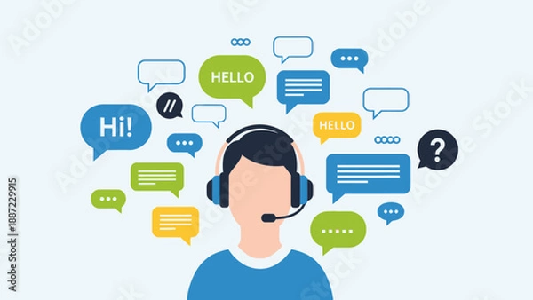 Fototapeta Customer service representative with headset and chat bubbles