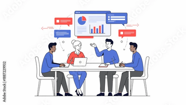 Fototapeta Diverse team collaborating on project with laptops and data analysis