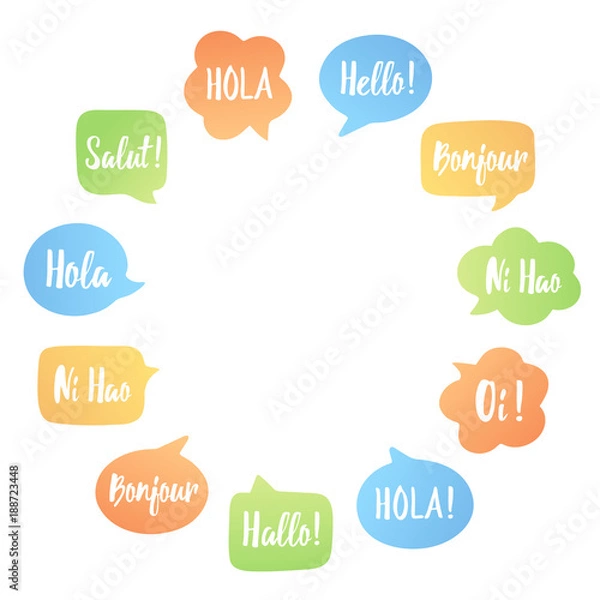 Fototapeta Color Speech bubbles Poster. Vector set of bubbles in circle with place for text. Hello in different languages: hi, hallo, hola.. Communication people concept. Illustration for language learning