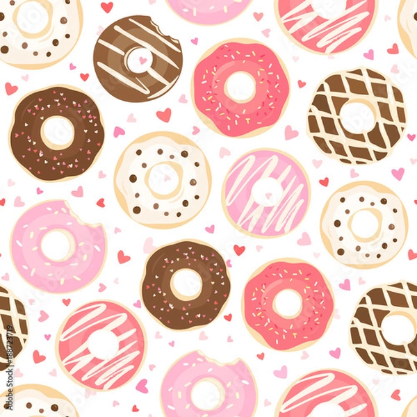 Obraz Seamless pattern of color glazed donuts and little pink hearts on white. Vector illustration