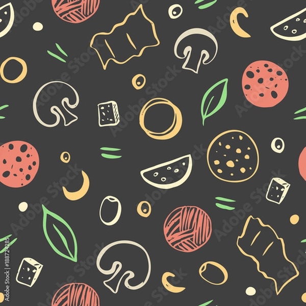 Obraz Seamless pattern of color pizza ingredients on dark background. Vector illustration