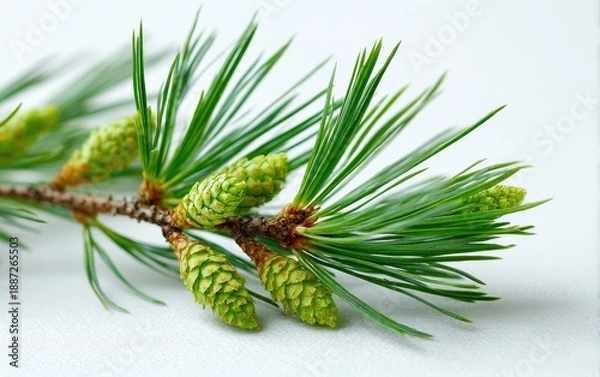 Obraz Green pine sprigs with developing cones on a white background