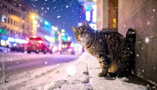Obraz 雪降る夜の街角で、立ち止まって見上げる可愛いトラ猫
