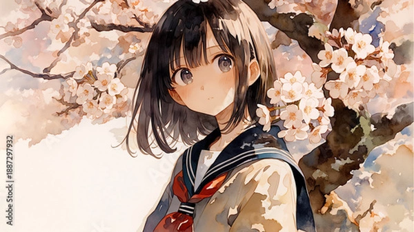 Obraz 桜吹雪の中、制服姿で歩む女子高生　卒業や入学の節目を描いた春のイメージイラスト　感動系動画に最適