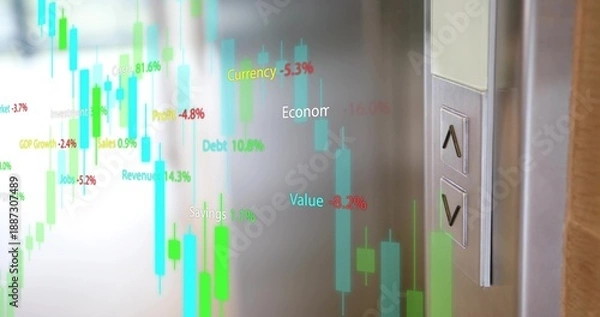 Obraz Projecting candlestick charts and labels on reflective wall in corridor, with elevator panel