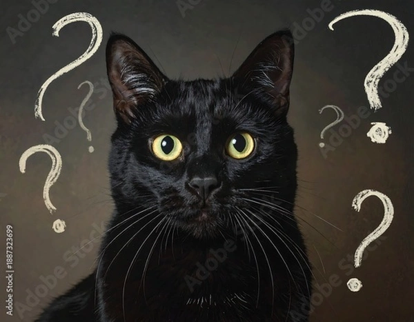 Obraz Black cat with a curious expression surrounded by question marks.