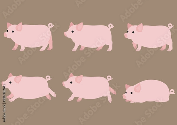 Obraz 牧場で過ごす豚の姿を描いたシンプルなイラストセット