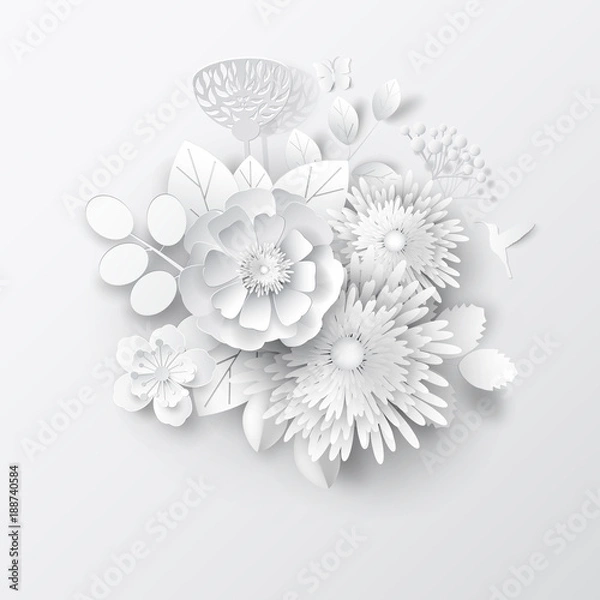 Fototapeta Paper art flowers background. Paper cut. Vector stock.