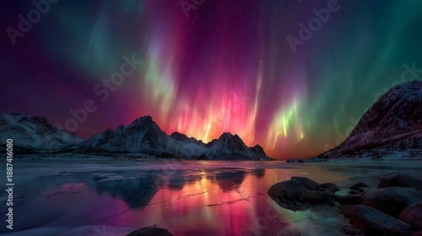 Fototapeta オーロラと山々の美しい風景