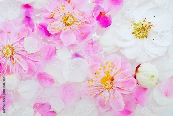 Obraz 水に浮かべられたピンクと白の梅のカワイイ花のアップ