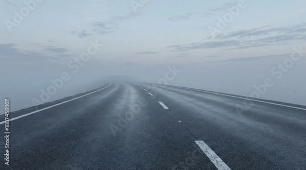 Fototapeta 霧に覆われたアスファルトの道と空の風景