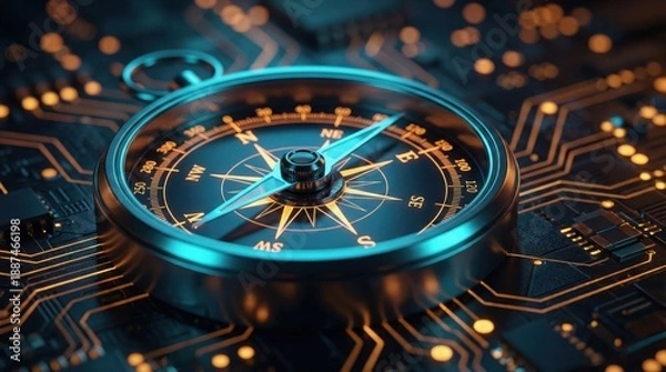 Fototapeta 光る回路基板上の青いコンパスとオレンジ色の光るチップ
