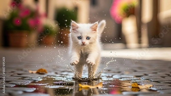 Obraz Kitten playing in puddle
