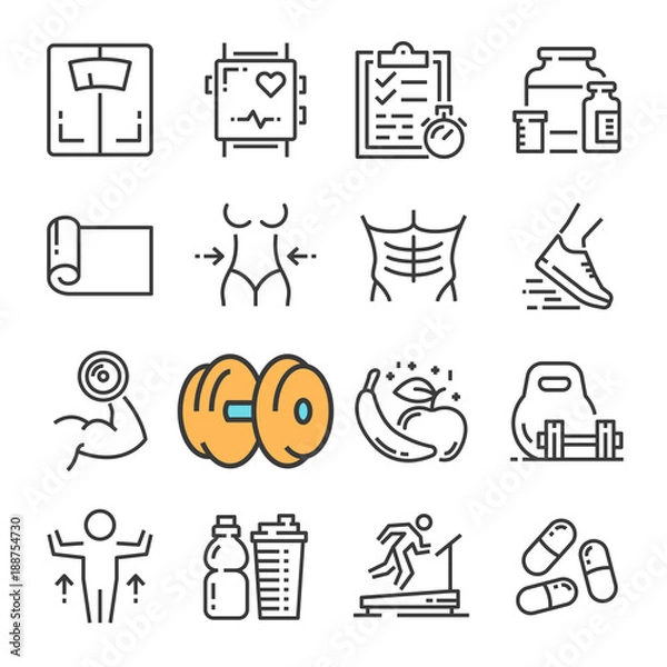 Fototapeta Vector black line Fitness Gym Equipment icons set. Includes such Icons as Equipment Fitness, Body Woman and Man.