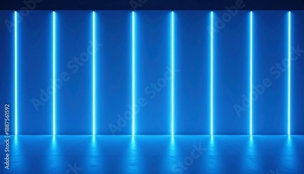 Obraz Blue neon light vertical lines on wall background　青い垂直ネオンが並ぶ壁の背景　デジタルイラスト
