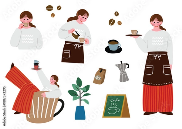 Obraz カフェで働く女性のイラストセット