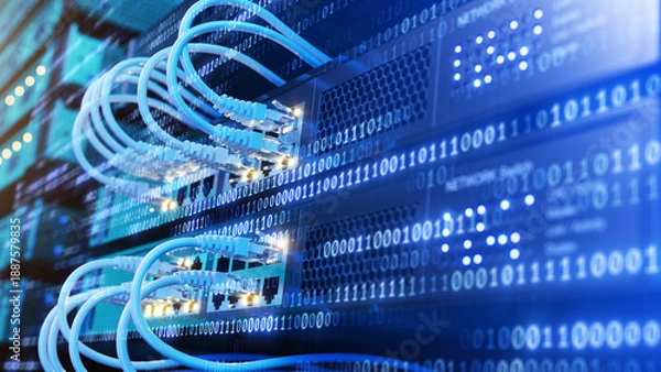 Obraz Digital code, Network switch and network cables in modern server room data center