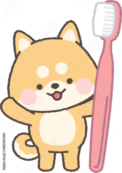 Obraz 歯ブラシを持つ茶色の柴犬