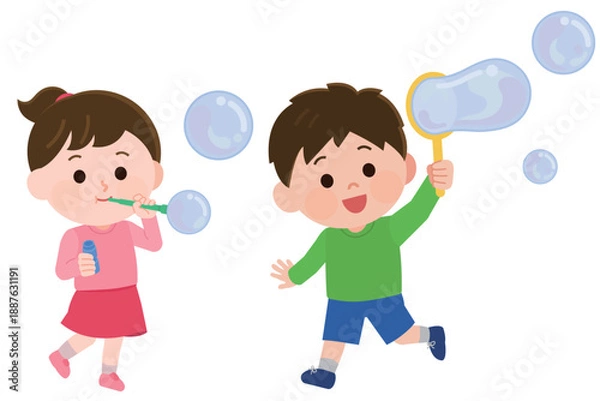 Obraz シャボン玉で遊ぶ男の子と女の子　イラスト