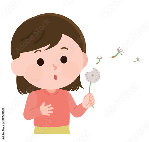 Obraz たんぽぽの綿毛を息を吹きかけて飛ばす女の子　イラスト