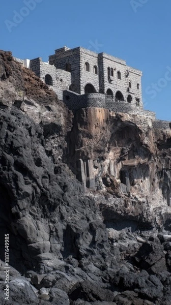 Obraz Stone building on sunlit cliff