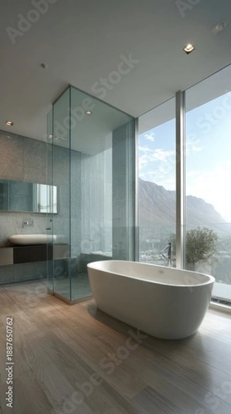 Obraz Modern bath with mountain view & light