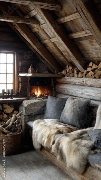 Obraz Cozy cabin with fireplace and wood stack