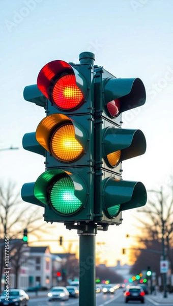 Obraz Traffic light against a city sunset background