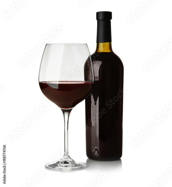 Fototapeta Bottle and glass with red wine on light background