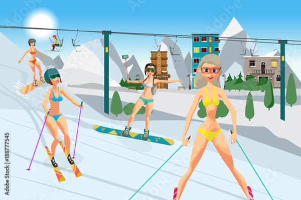 Obraz Sports resort in the mountains in spring. Women ski from the mou