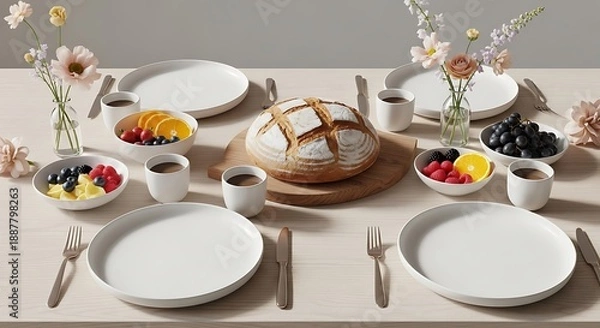 Obraz Elegant table setting with white plates and fresh fruit