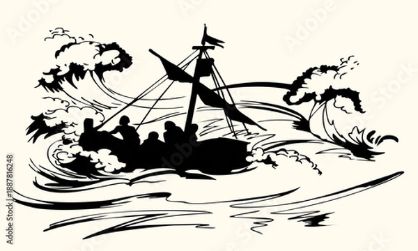 Obraz Vector drawing. Sailors on a ship in a storm