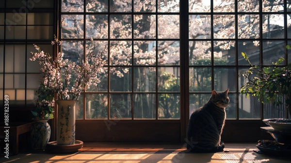 Fototapeta 和室の窓から見た桜