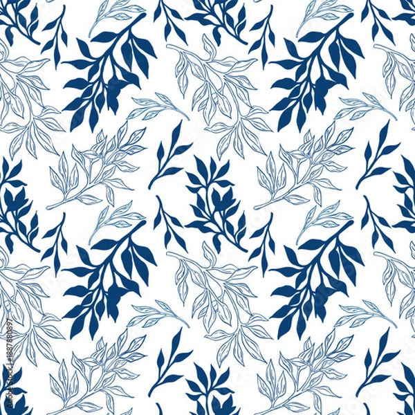 Obraz Seamless Blue Leaf Pattern - Botanical Branches Design