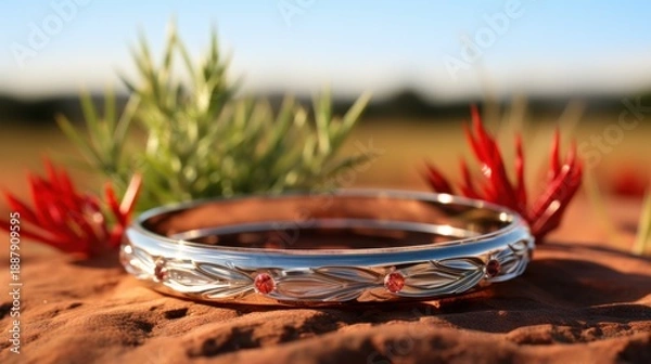 Fototapeta Silver and Ruby Bangle on Rock