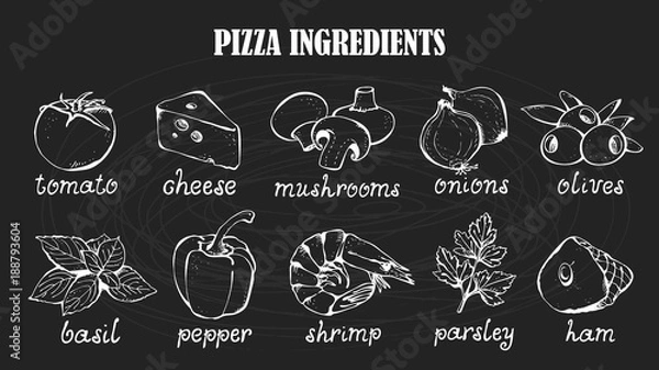 Fototapeta Wektor zestaw składników pizzy, kolekcja ręcznie rysowane żywności, tablica tło