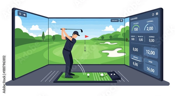 Obraz A man practicing golf indoors using a high-tech simulator with multiple screens displaying a virtual course and performance data.