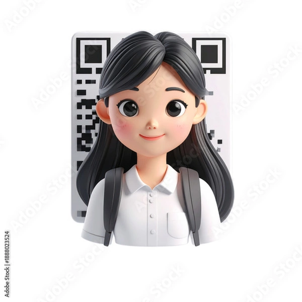 Obraz Cartoon Girl with QR Code Behind.