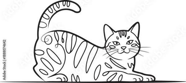 Obraz Lying tabby cat with high tail single continuous line art vector illustration