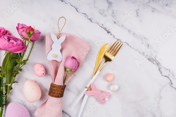 Obraz Elegant Easter Table Composition with Roses and Cutlery