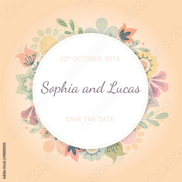 Fototapeta Beautiful greeting card with floral wreath. Template illustration can be used as creating card, invitation card for wedding,birthday, anniversary and other holiday and cute spring background.