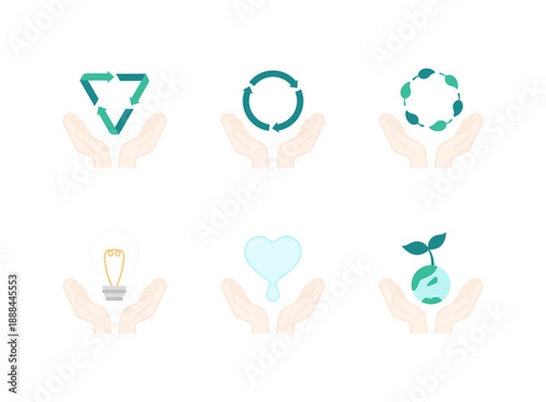 Obraz ティールグリーンの矢印を三角形に配置したメビウスの輪のようなリサイクルマークを両手で支え資源の再利用と循環型社会への貢献を表現したアイコン｜三角形と円形のリサイクル矢印・葉のリース・電球・水滴型ハート・地球と新芽を両手で大切に支えるSDGsおよび環境保護活動イメージのフラット線画アイコンセット