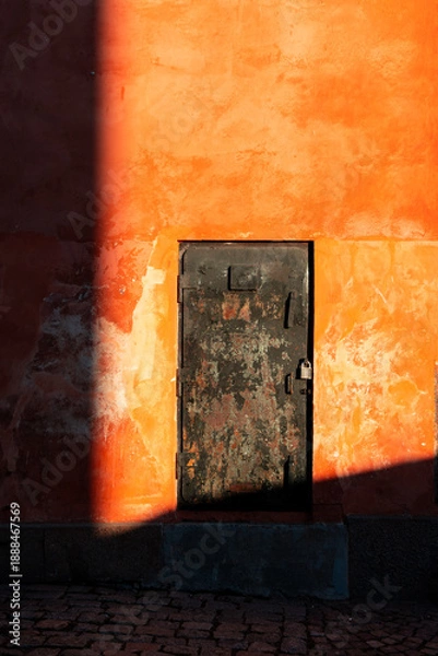 Obraz Old black door and red wall.