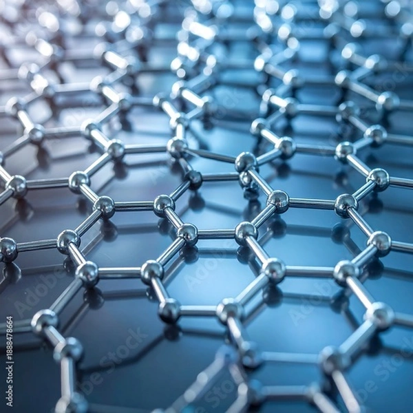 Fototapeta Silver atoms linked in hexagonal pattern, creating a 3D structure against a blue background