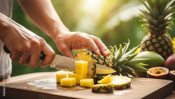 Obraz Preparing a refreshing tropical fruit salad with fresh pineapple cubes