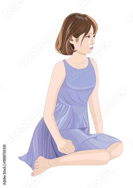 Obraz 床に横座りして見つめる少女イラスト