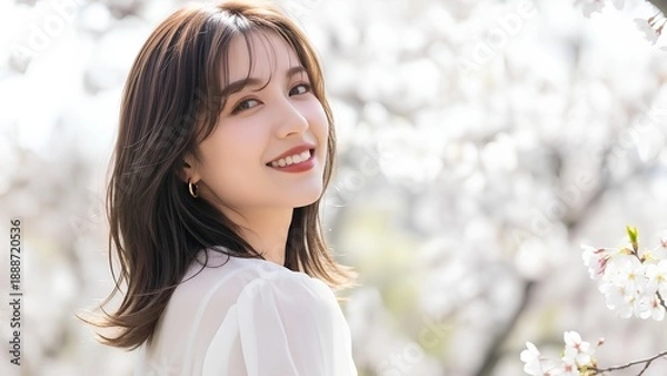 Obraz 春の満開の桜の下で微笑む日本人女性のポートレート　