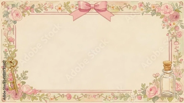 Fototapeta 花と鍵が彩る上品なリボン装飾フレーム 背景素材