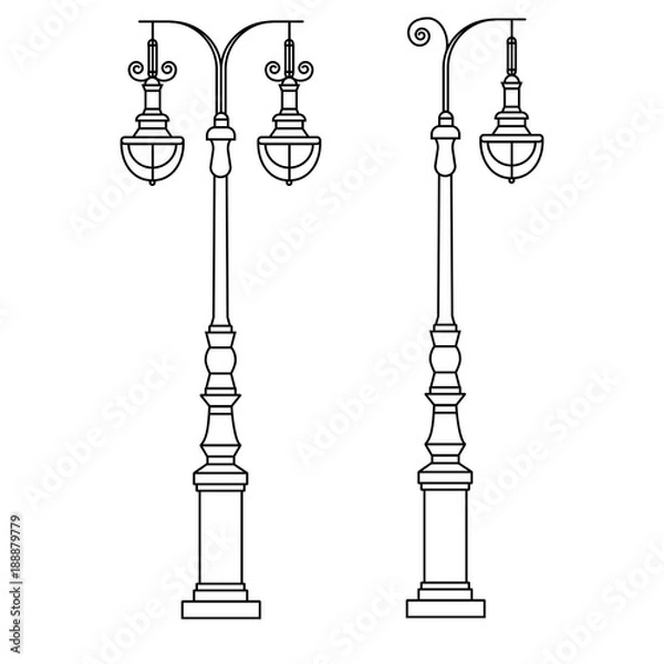 Obraz City street light post with two hanging lamps in outline design. Street light vector illustration on isolated background in thin linear style.