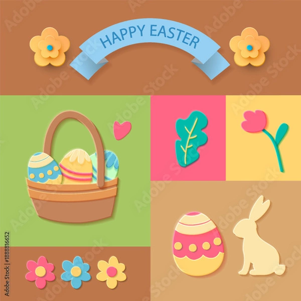 Obraz Happy Easter card. Paper cut Easter basket with eggs and spring plants